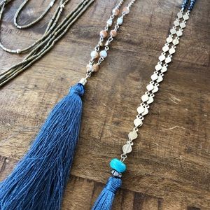 Three beautiful tassel, beaded, gold necklaces!